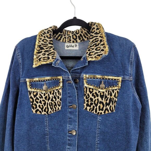 Vintage Mob Wife Denim Trucker Jacket M Leopard Gold Beaded Sequin Dollywood - Picture 4 of 10